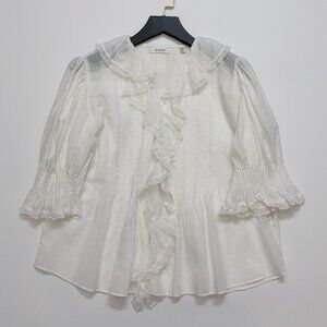 Doen Norma Long Sleeve Cotton Tie Leaves Button Blouse Top in Fern Grove Floral